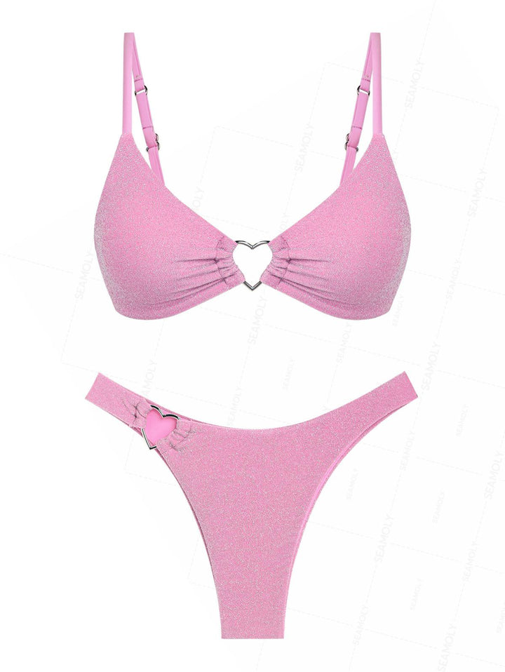 Seamolly Lurex Sparkly Heart-shaped Metal Decor Cheeky Bikini Set