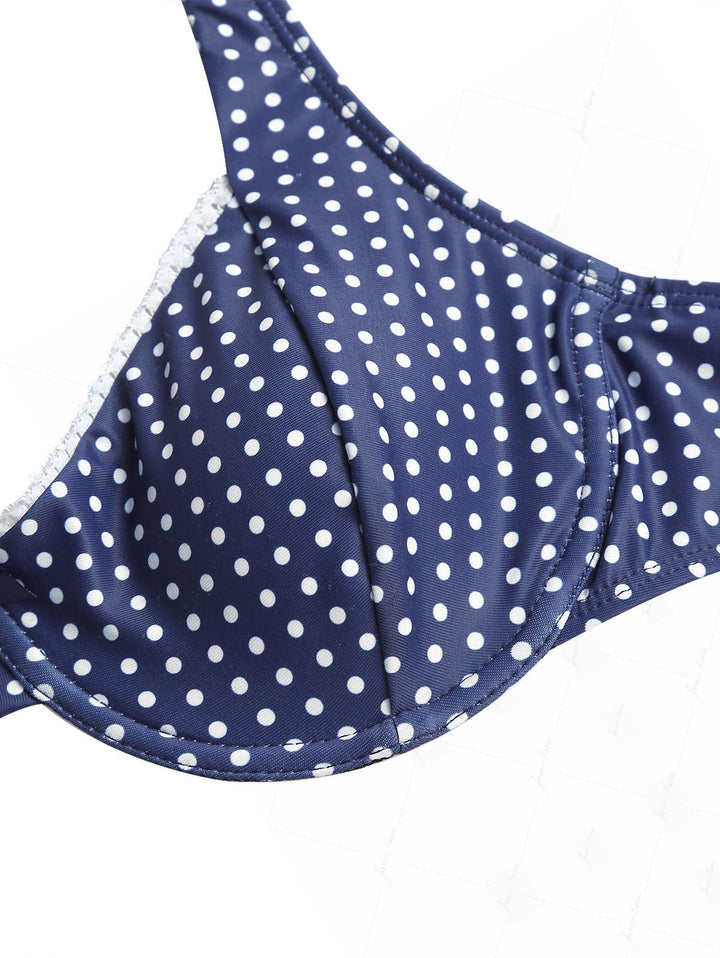 Deep Blue Polka Dot Lace Bowknot Underwire Skirtini Bikini Set