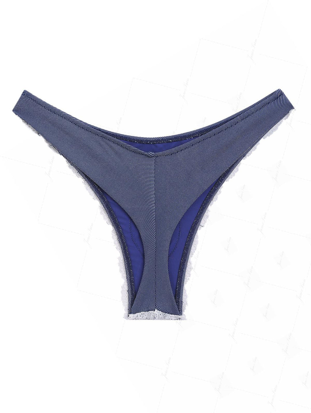 Deep Blue Denim Fabric Contrast Lace Thong Bikini Bottom