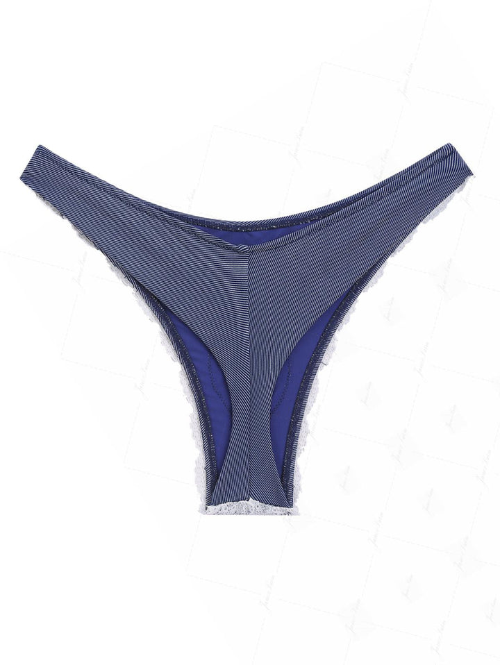 Deep Blue Denim Fabric Contrast Lace Thong Bikini Bottom