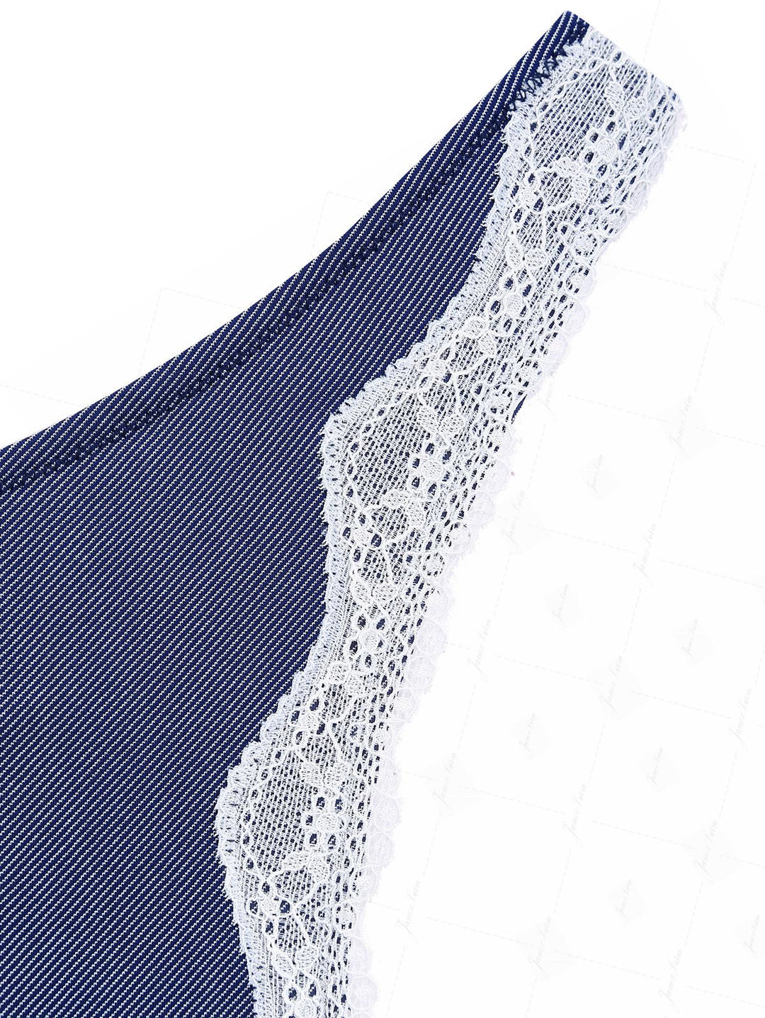 Deep Blue Denim Fabric Contrast Lace Thong Bikini Bottom