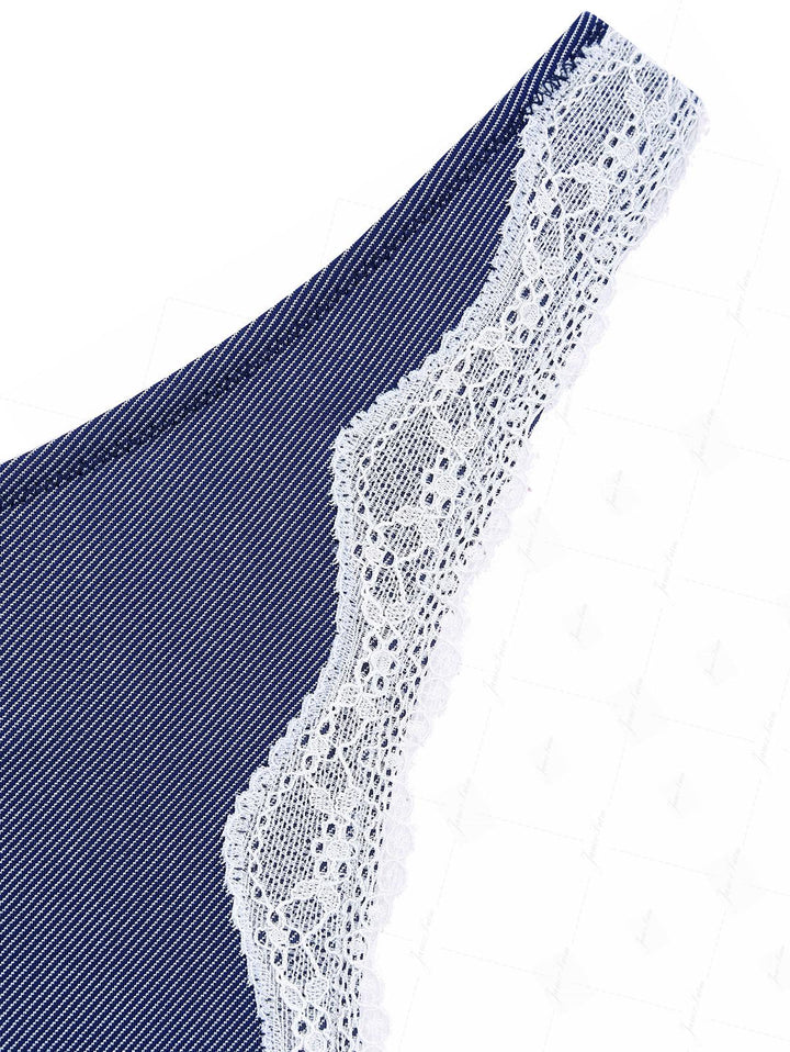 Deep Blue Denim Fabric Contrast Lace Thong Bikini Bottom
