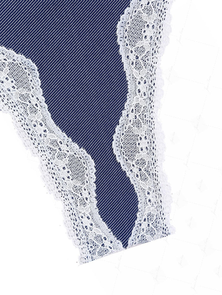 Deep Blue Denim Fabric Contrast Lace Thong Bikini Bottom