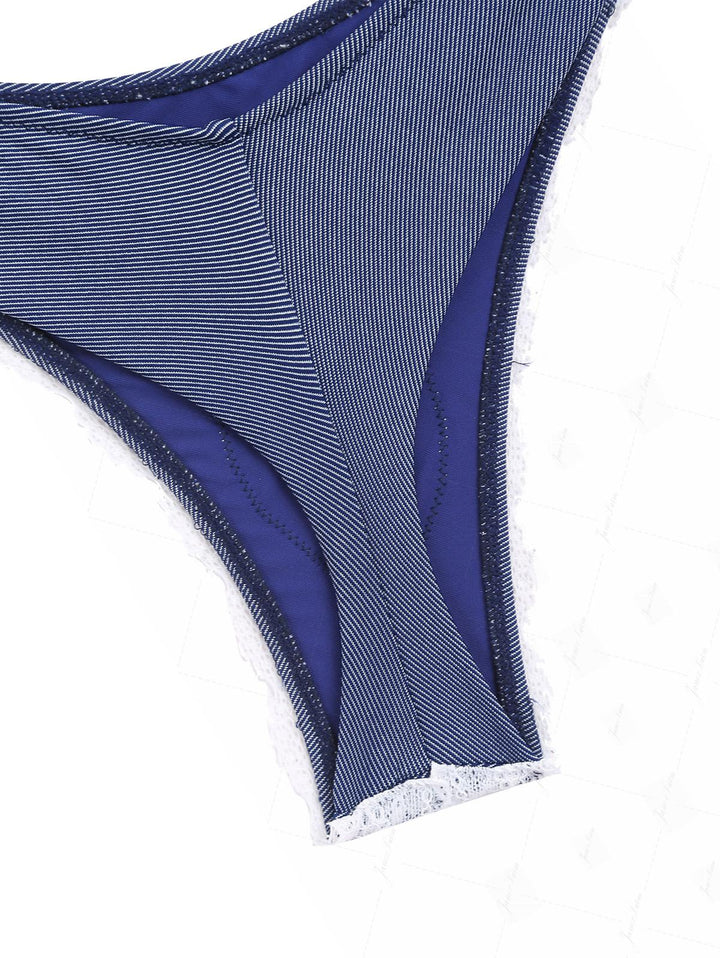 Deep Blue Denim Fabric Contrast Lace Thong Bikini Bottom
