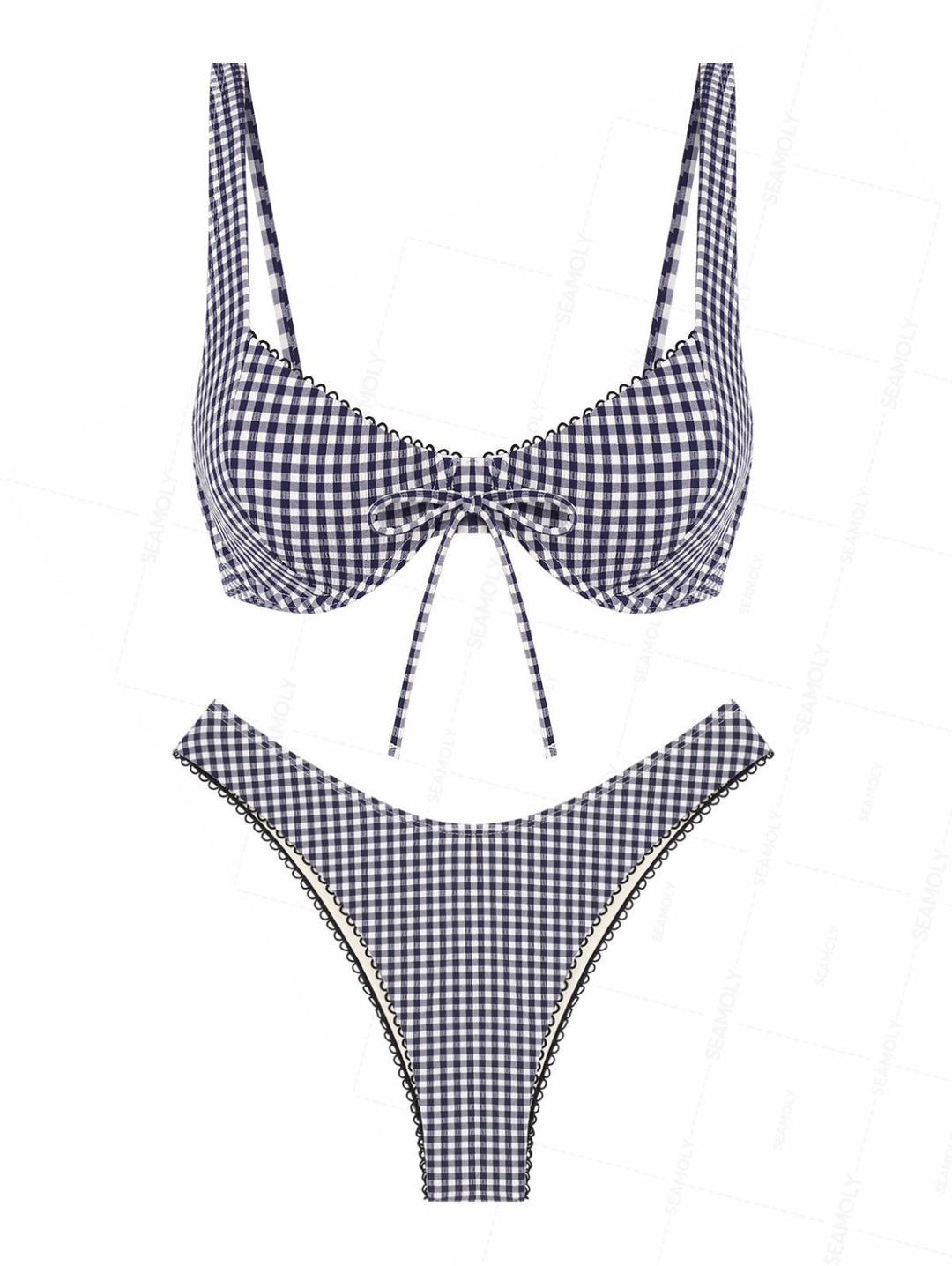 Seamolly Plaid Picot Bowknot Underwire Bikini Set