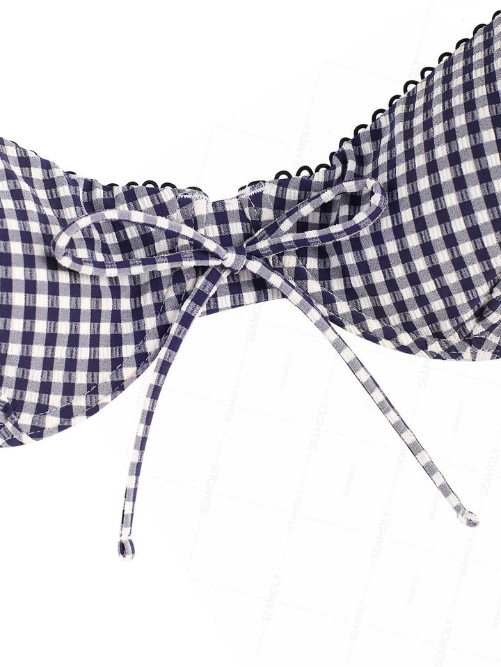 Seamolly Plaid Picot Bowknot Underwire Bikini Set