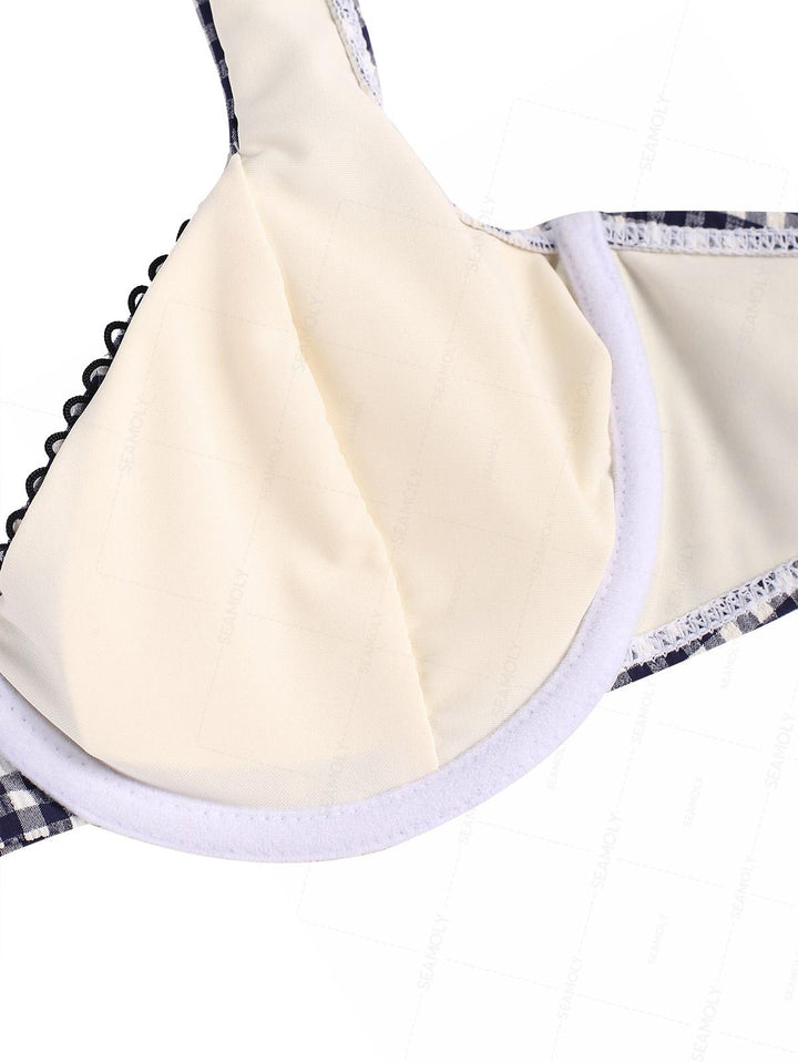 Seamolly Plaid Picot Bowknot Underwire Bikini Set