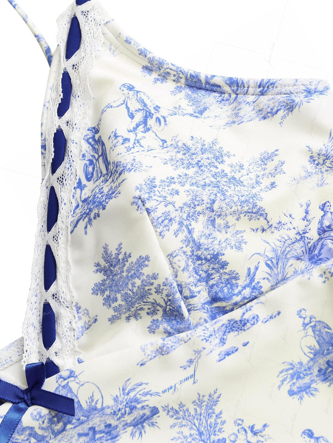 Crystal Cream Toile de Jouy Print Plunging Neck String Tankini Set