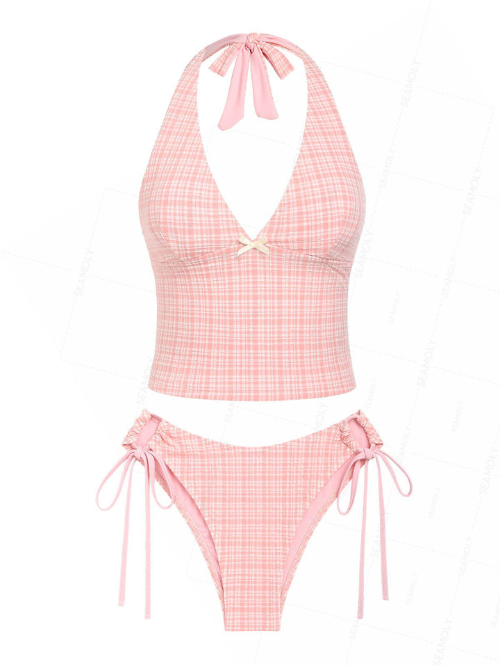 Seamolly Gingham Bowknot Lace Up Halter Cinched Tie Side Tankini Set