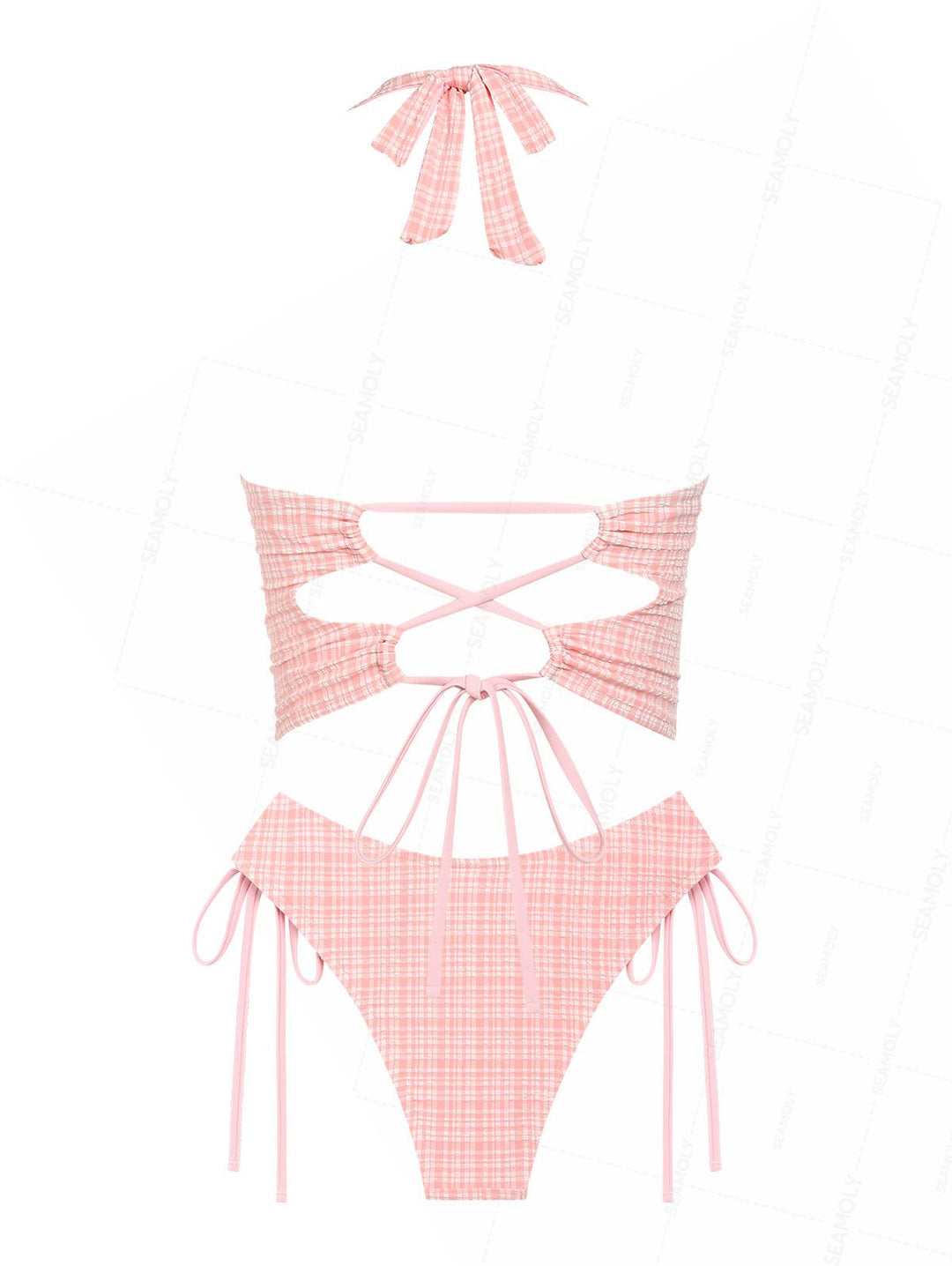 Seamolly Gingham Bowknot Lace Up Halter Cinched Tie Side Tankini Set