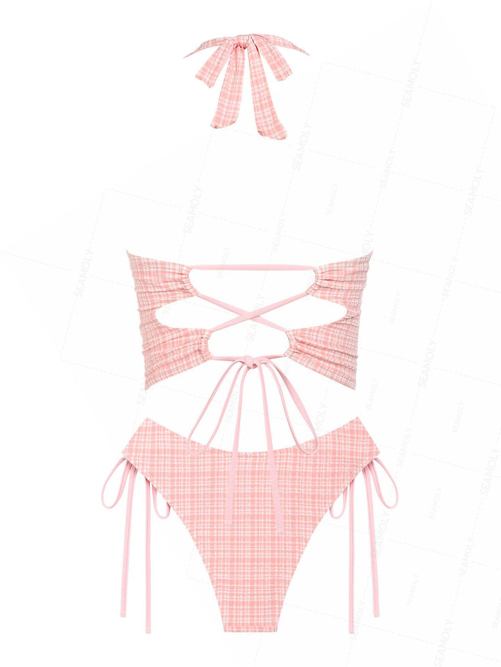 Seamolly Gingham Bowknot Lace Up Halter Cinched Tie Side Tankini Set