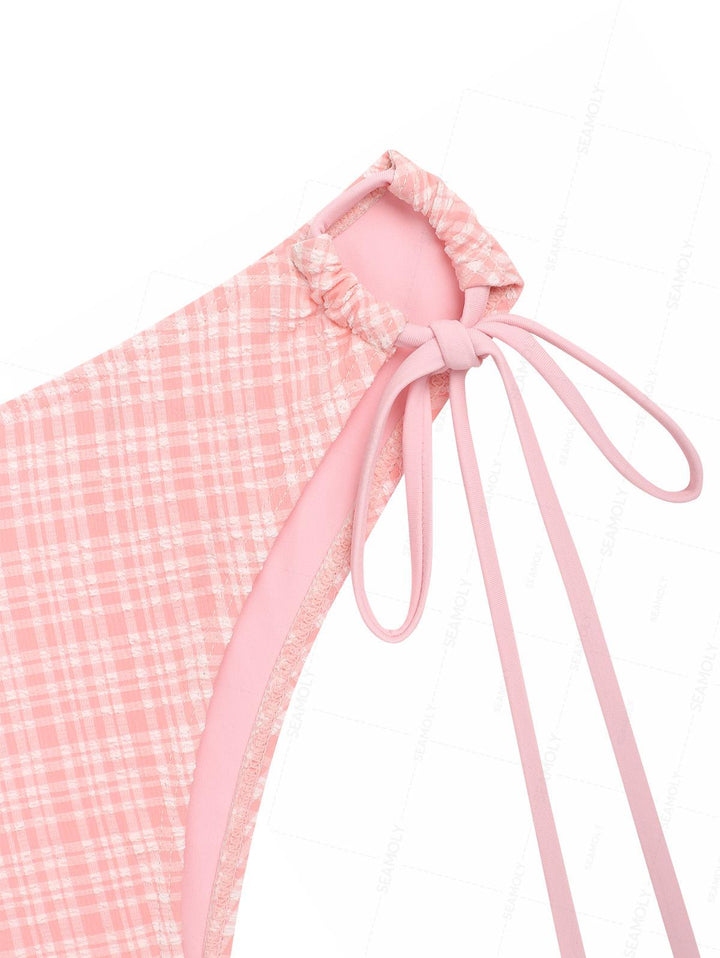 Seamolly Gingham Bowknot Lace Up Halter Cinched Tie Side Tankini Set