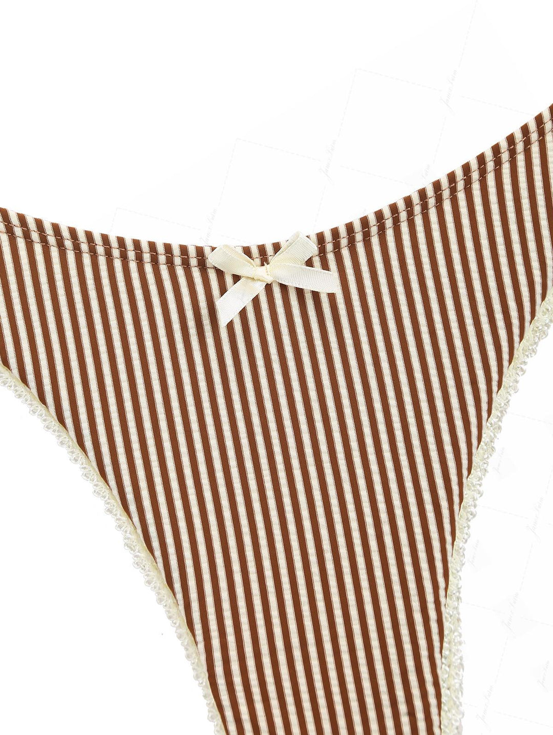 Coffee Striped Lace Bowknot Tank Style Cheeky Bikini Set