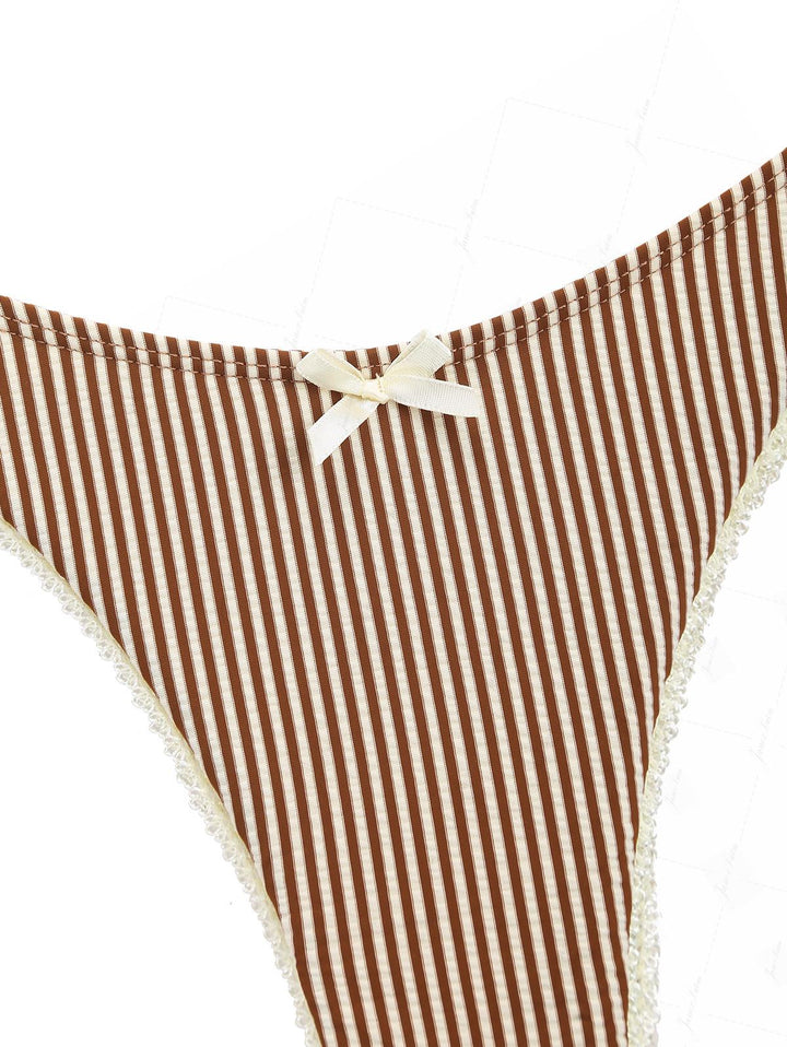 Coffee Striped Lace Bowknot Tank Style Cheeky Bikini Set