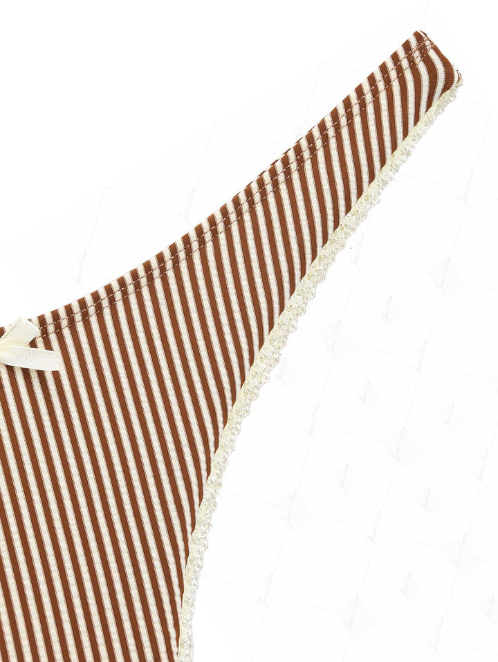 Coffee Striped Lace Bowknot Tank Style Cheeky Bikini Set