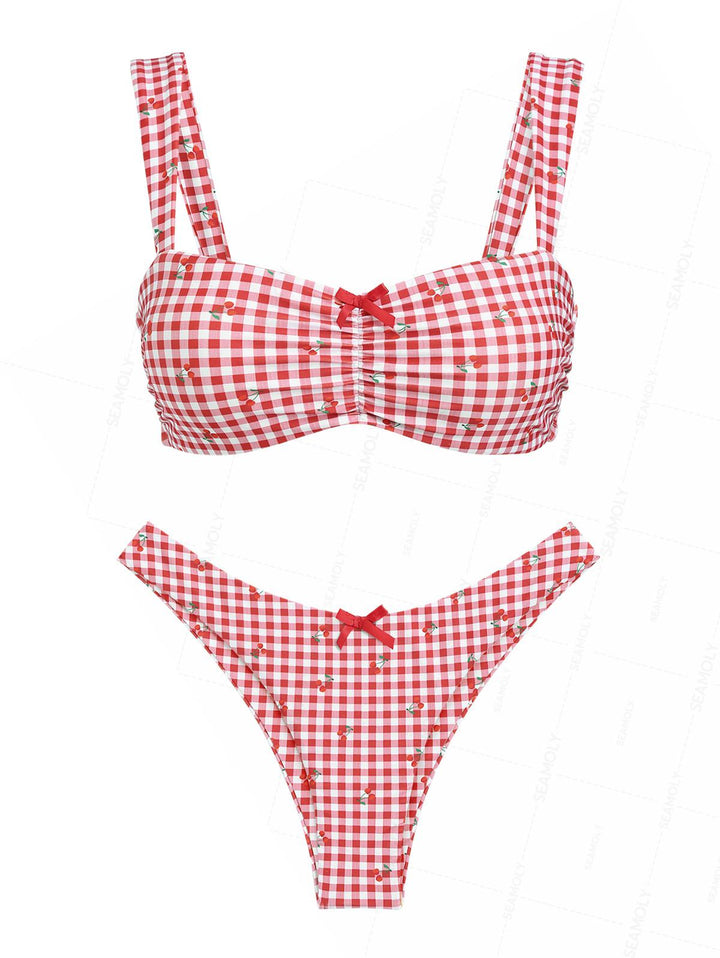 Seamolly Gingham Cherry Print Ruched Bowknot Tank Style Bikini Set