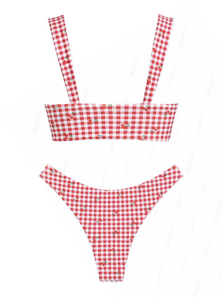 Seamolly Gingham Cherry Print Ruched Bowknot Tank Style Bikini Set