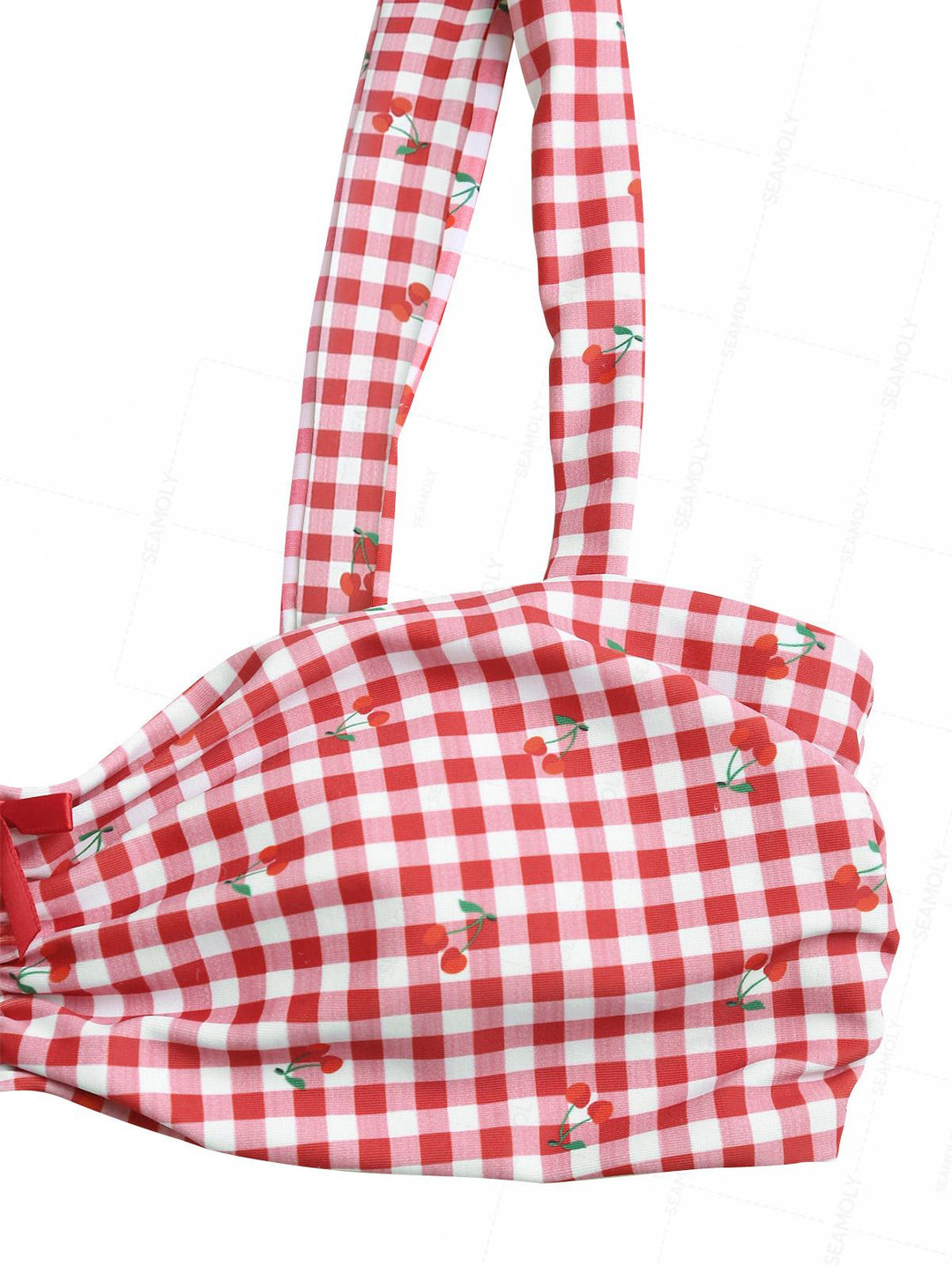 Seamolly Gingham Cherry Print Ruched Bowknot Tank Style Bikini Set