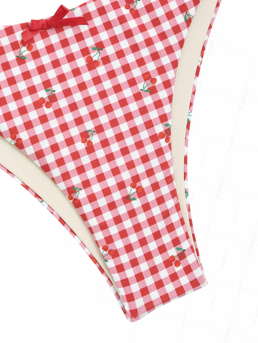Seamolly Gingham Cherry Print Ruched Bowknot Tank Style Bikini Set