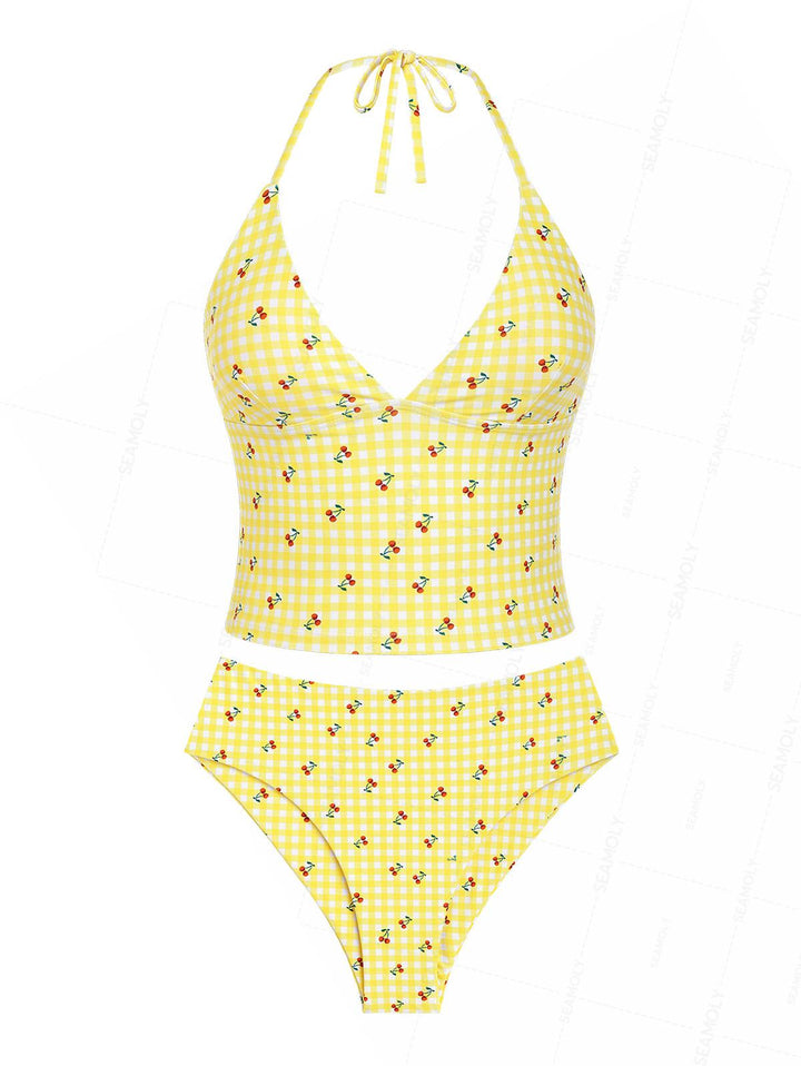 Seamolly Retro Pin-Up Vintage Gingham Cherry Plunging Neck Halter Tied Full Coverage Tankini Set