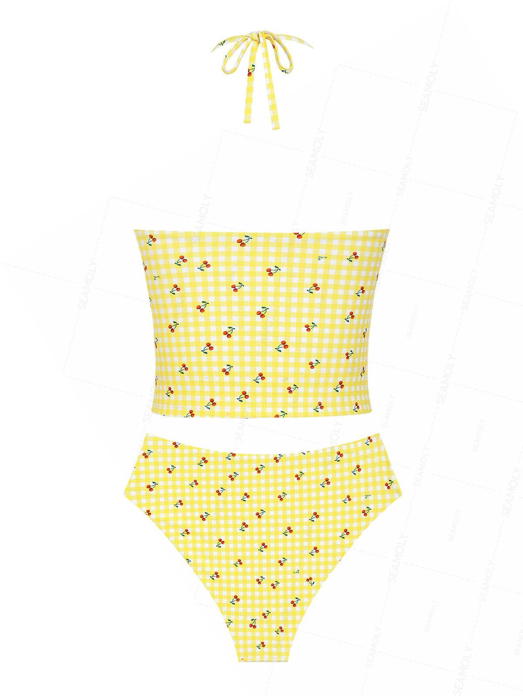Seamolly Retro Pin-Up Vintage Gingham Cherry Plunging Neck Halter Tied Full Coverage Tankini Set