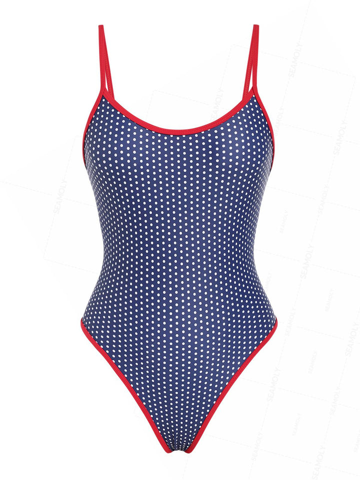 Seamolly 1950s Retro Vintage Polka Dot Contrast Binding One-piece Swimsuit