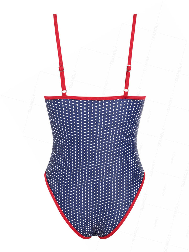 Seamolly 1950s Retro Vintage Polka Dot Contrast Binding One-piece Swimsuit