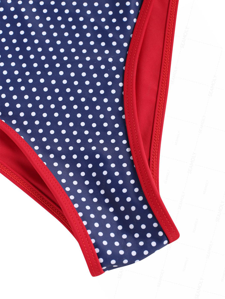 Seamolly 1950s Retro Vintage Polka Dot Contrast Binding One-piece Swimsuit