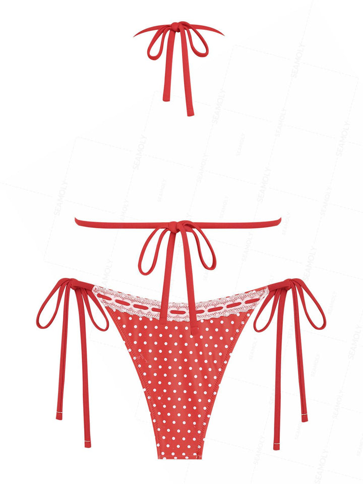 Seamolly Christmas Vintage Polka Dot Lace Bowknot Halter Triangle Tie Side Bikini Set