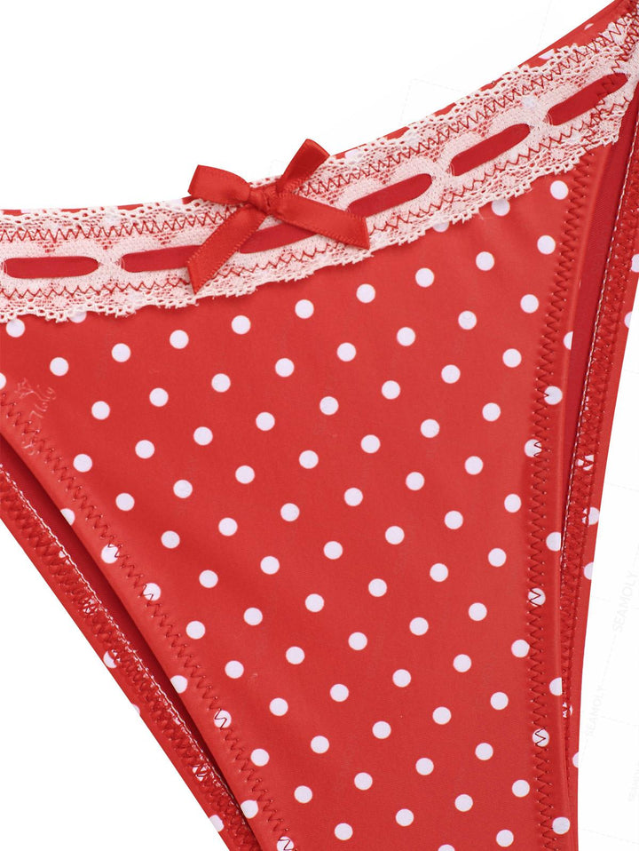 Seamolly Christmas Vintage Polka Dot Lace Bowknot Halter Triangle Tie Side Bikini Set