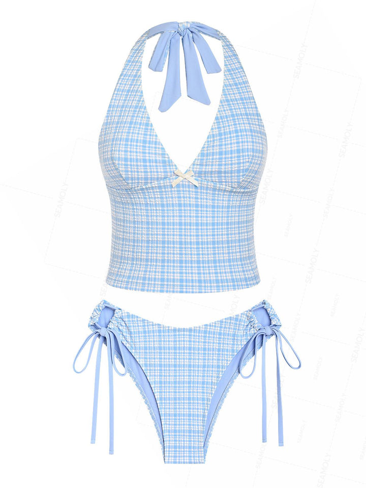Seamolly Plaid Bowknot Lace Up Back Halter Tankini Set