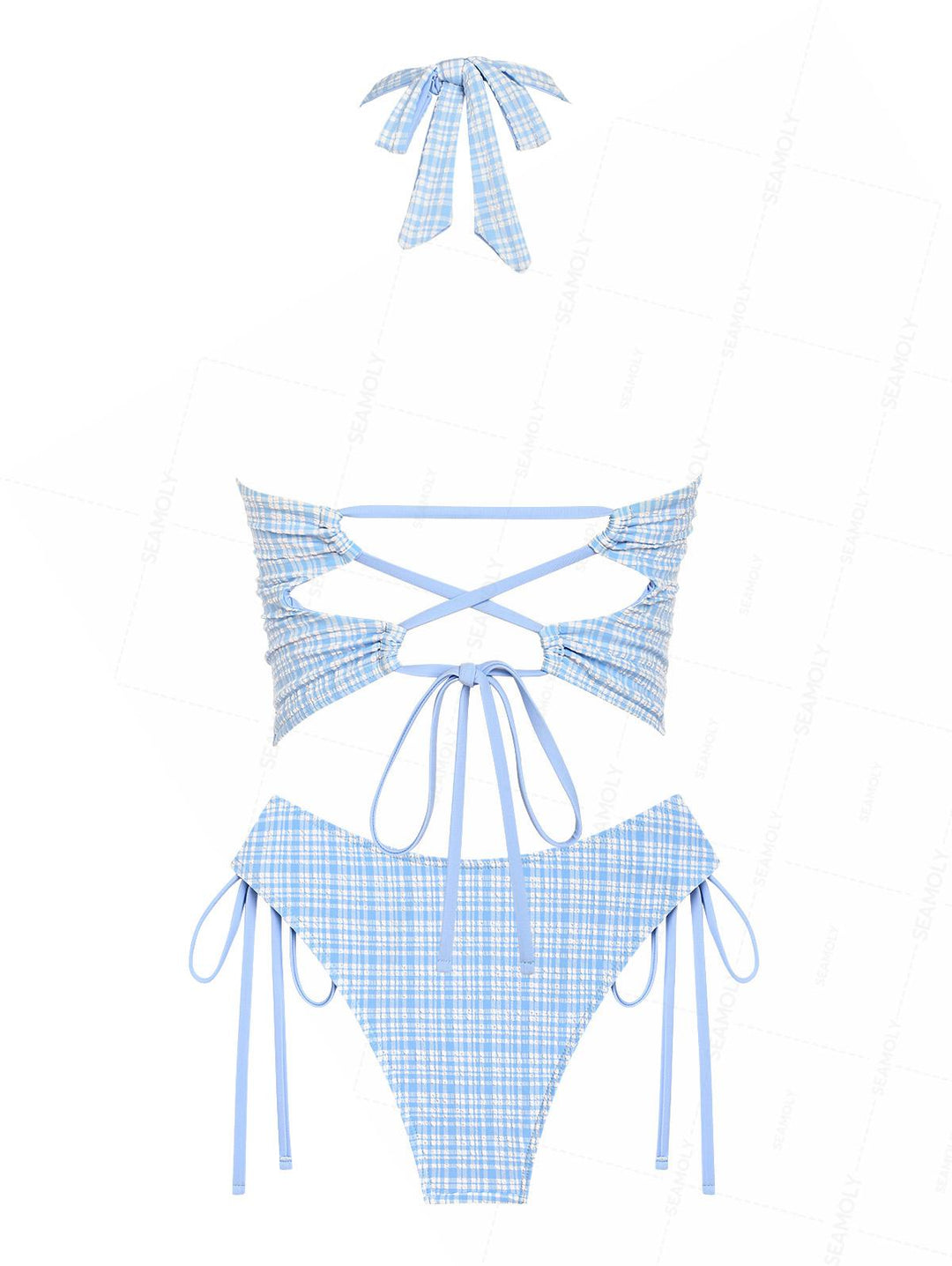 Seamolly Plaid Bowknot Lace Up Back Halter Tankini Set