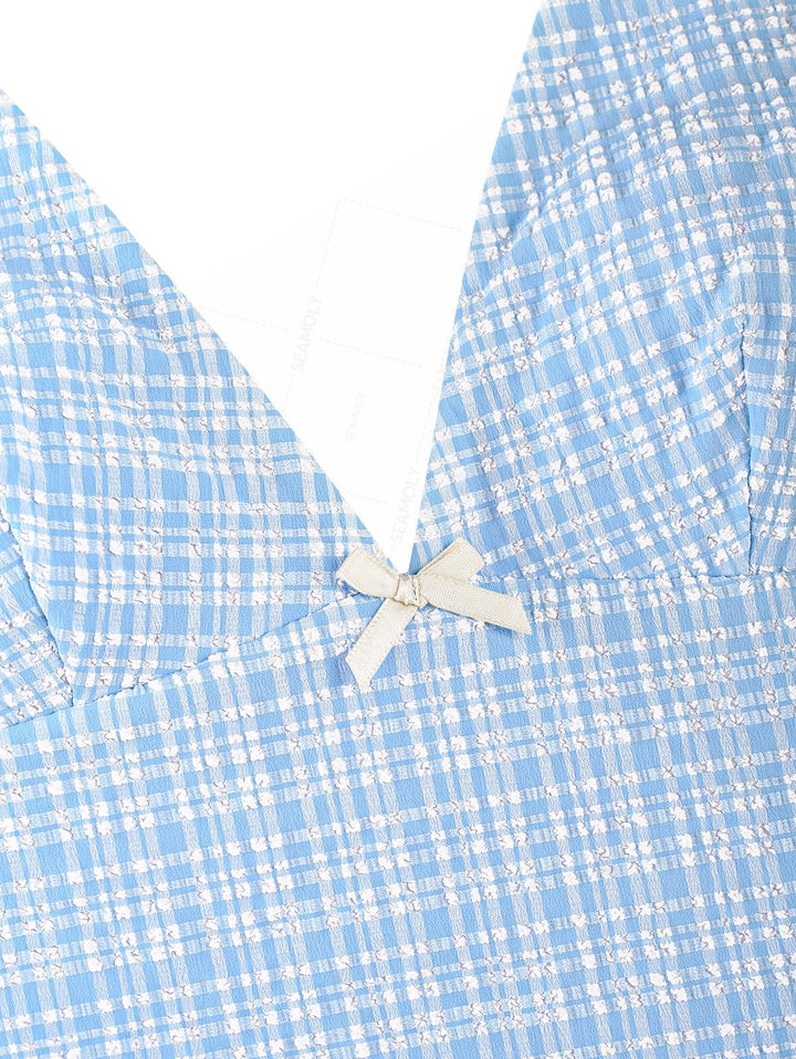 Seamolly Plaid Bowknot Lace Up Back Halter Tankini Set