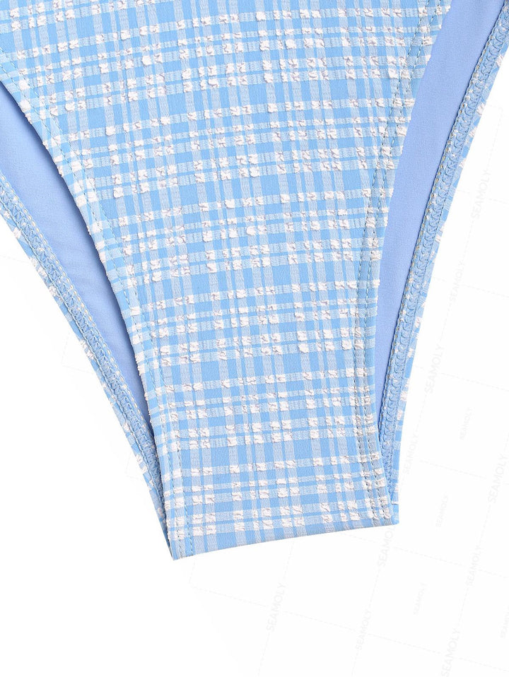 Seamolly Plaid Bowknot Lace Up Back Halter Tankini Set