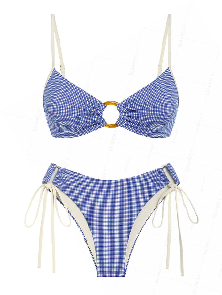 Seamolly Plaid O Ring Cinched Tie Side Hipster Bikini Set