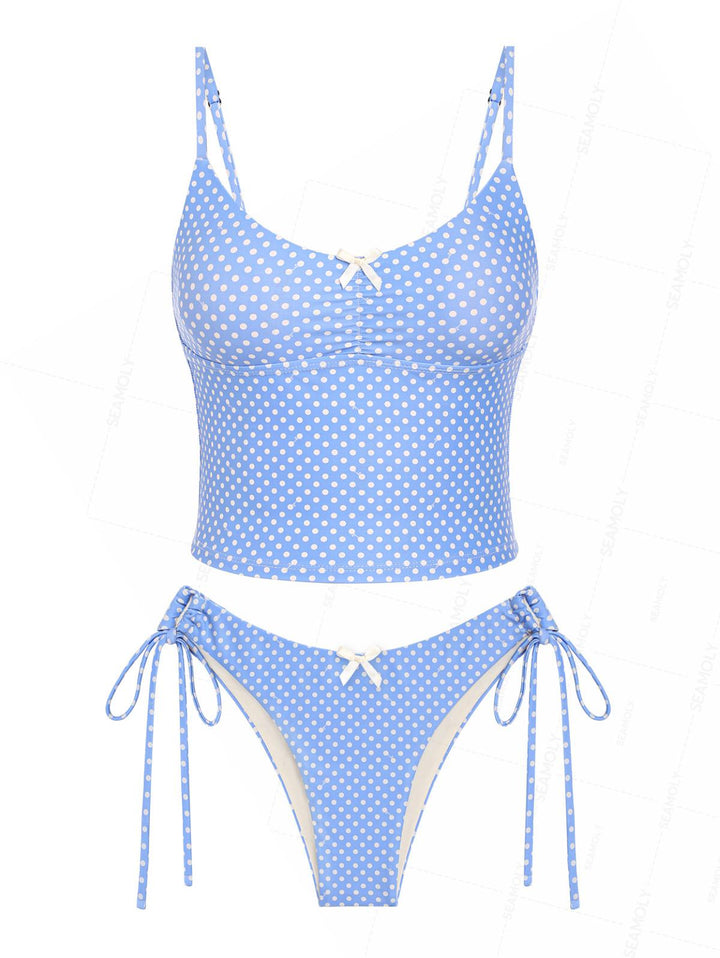 Seamolly Retro Pin-Up Vintage Polka Dot Ruched Bowknot Cinched Tie Side Tankini Set