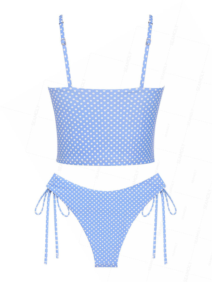 Seamolly Retro Pin-Up Vintage Polka Dot Ruched Bowknot Cinched Tie Side Tankini Set