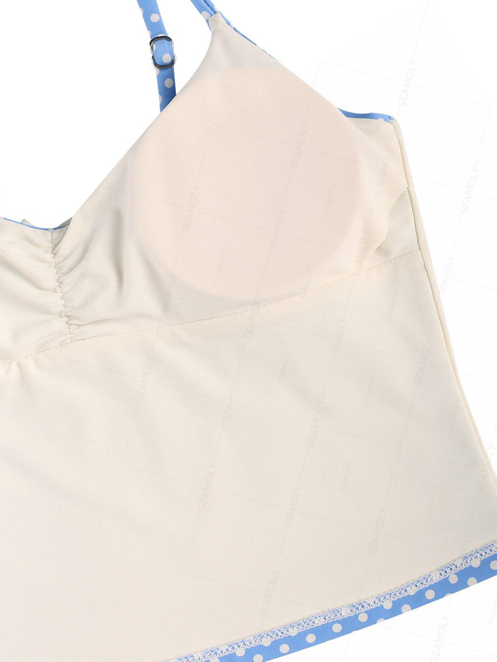 Seamolly Retro Pin-Up Vintage Polka Dot Ruched Bowknot Cinched Tie Side Tankini Set