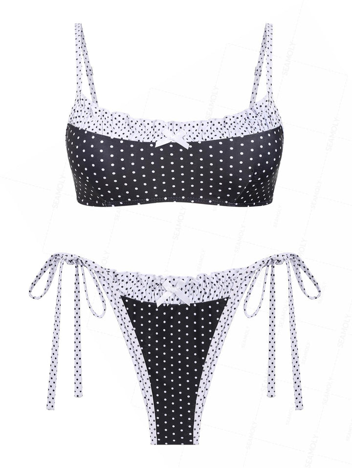 Seamolly Polka Dot Contrast Bowknot Tie Side Bikini Set