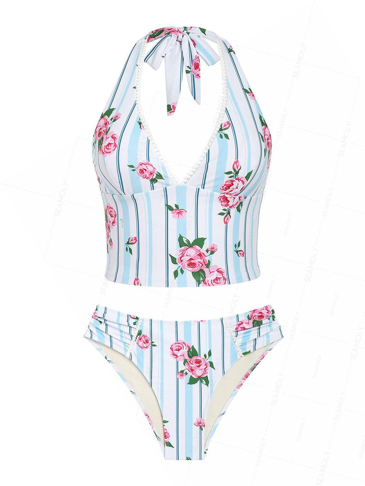 Seamolly Retro Vintage Striped Print Lace Trim Halter Tied Full Coverage Tankini Set