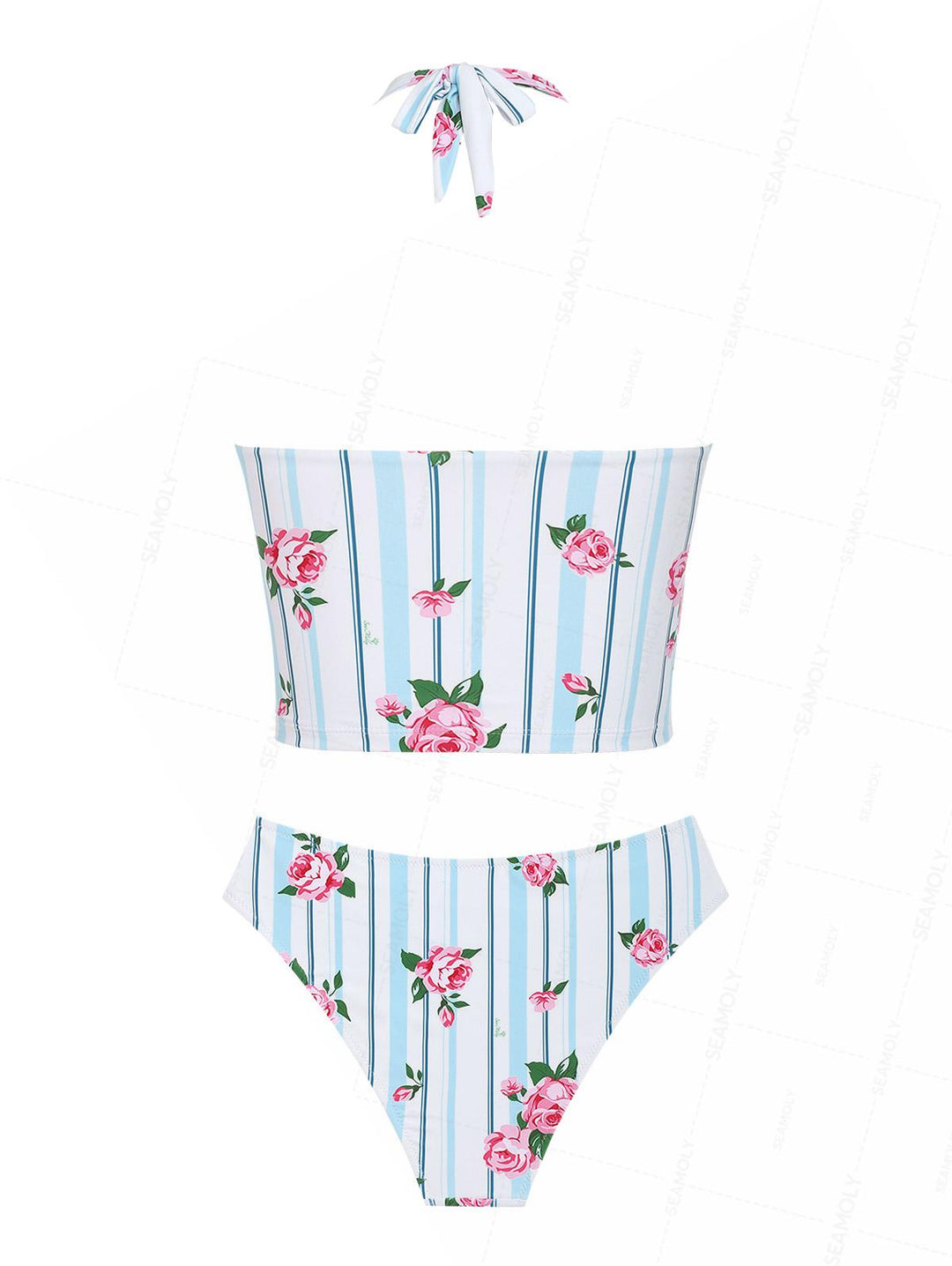 Seamolly Retro Vintage Striped Print Lace Trim Halter Tied Full Coverage Tankini Set