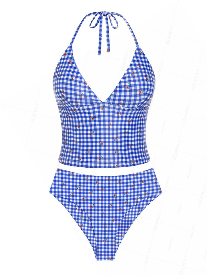 Seamolly Retro Pin-Up Vintage Gingham Cherry Plunging Neck Halter Tied Full Coverage Tankini Set