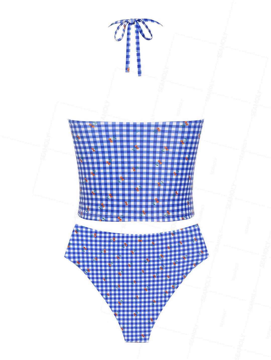 Seamolly Retro Pin-Up Vintage Gingham Cherry Plunging Neck Halter Tied Full Coverage Tankini Set