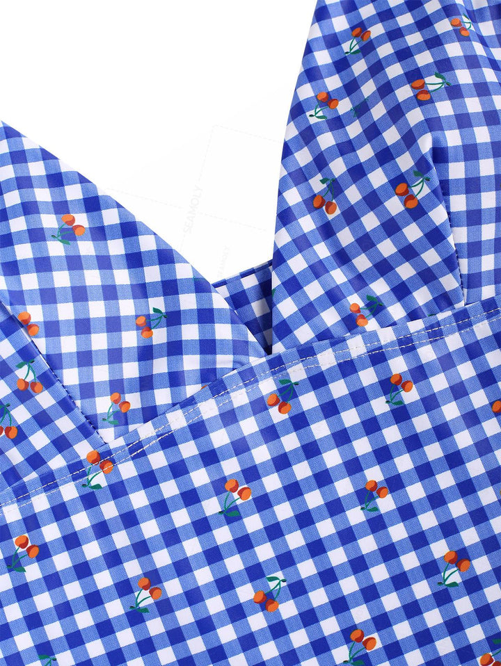 Seamolly Retro Pin-Up Vintage Gingham Cherry Plunging Neck Halter Tied Full Coverage Tankini Set