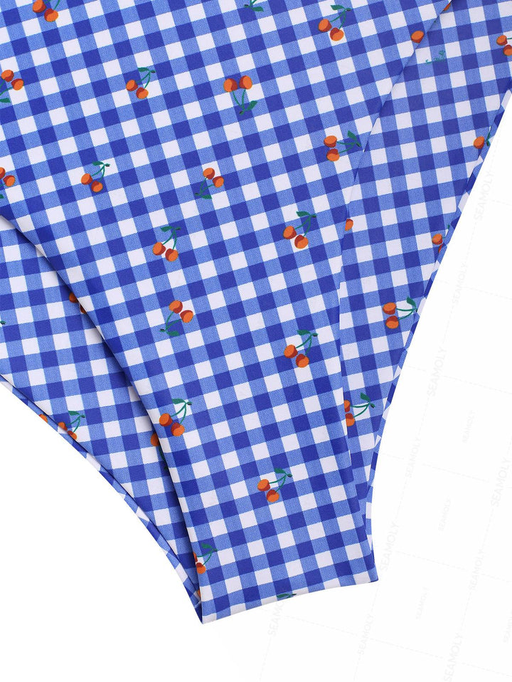 Seamolly Retro Pin-Up Vintage Gingham Cherry Plunging Neck Halter Tied Full Coverage Tankini Set