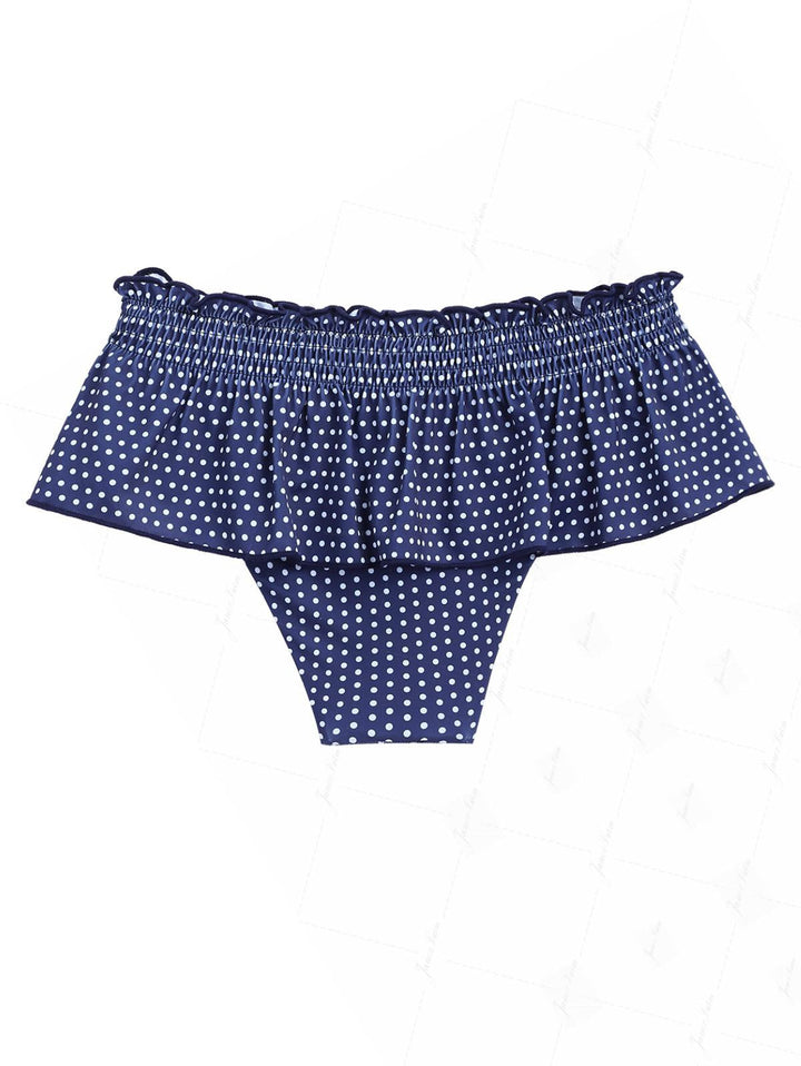 Deep Blue Polka Dot Smocked Ruffles Peplum Skirted Bikini Bottom