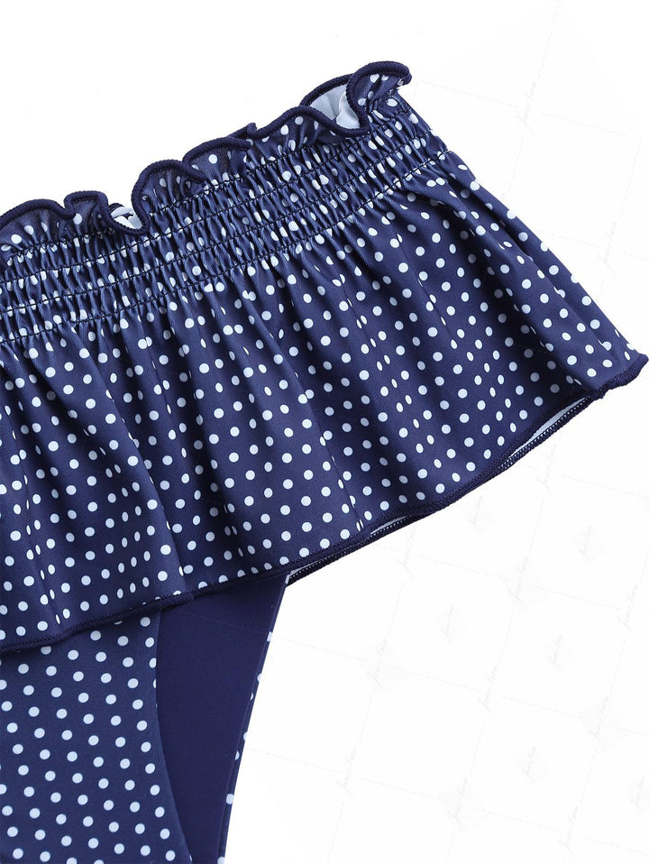 Deep Blue Polka Dot Smocked Ruffles Peplum Skirted Bikini Bottom