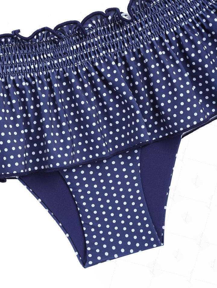 Deep Blue Polka Dot Smocked Ruffles Peplum Skirted Bikini Bottom