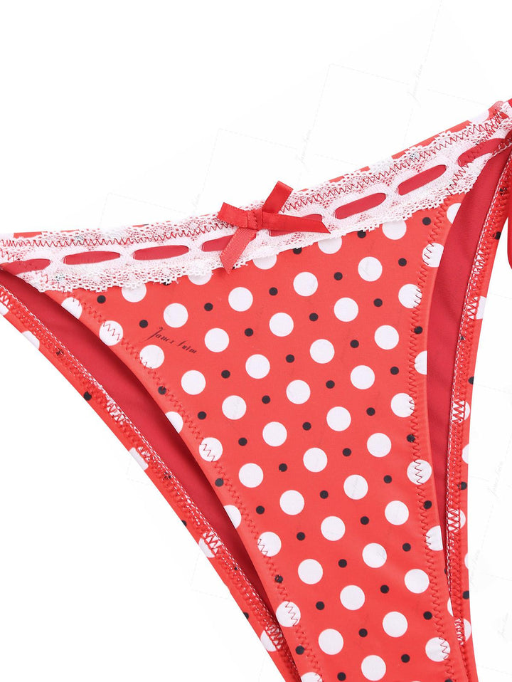 Vintage Red Polka Dot Lace Bowknot Tie Side Cheeky Bikini Bottom