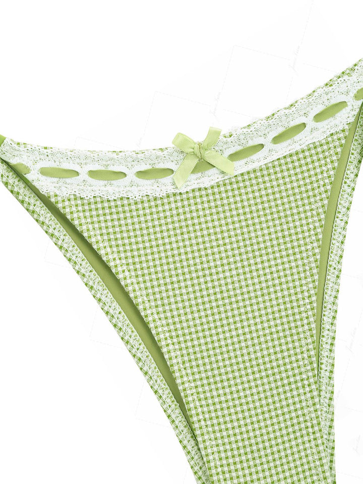 Green Plaid Lace Bowknot Tie Side Cheeky Tankini Set